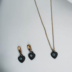 COLLAR ARETES OJO AZUL NEGRO DORADO