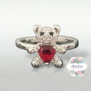 ANILLO OSO PLATA CORAZON ROJO