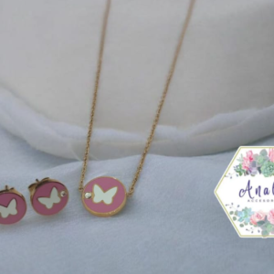 COLLAR ARETE MARIPOSA ROSA PIEDRA INCRUSTADA