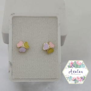 ARETE 3 CORAZONES ROSA AMARILLO LILA