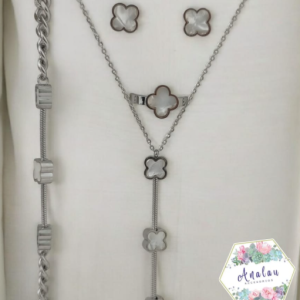 CONJUNTO DE TREBOL PLATA Y BLANCO