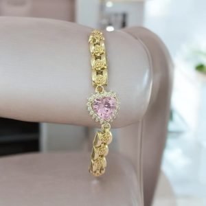 PULSERA DE CORAZON ROSA ESLABON DORADA