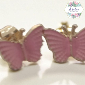 ARETE MARIPOSA ROSA ANTENAS DORADAS