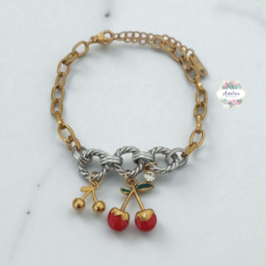 PULSERA DORADO CON PLATEADO Y DOS CEREZAS