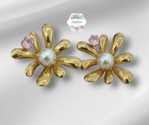 ARETE DE FLOR GRANDE CON PERLA Y DIAMATES