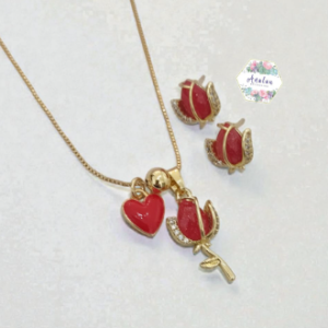 ARETE ROSA ROJA CON CORAZON
