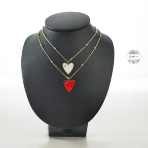 COLLAR DOBLE CORAZON ROJO Y BLANCO DORADO