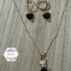 COLLAR ARETES NEGRO CORAZON Y OSO