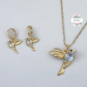 COLLAR ARETES COLIBRI BLANCO LISO INCRUSTADO