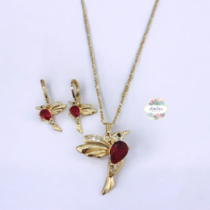 COLLAR Y ARETES COLLIBRI ROJO LISO PIEDRAS INCRUSTADAS