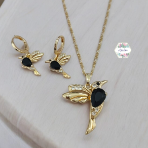 COLLAR ARETES COLIBRI NEGRO LISO INCRUSTADO