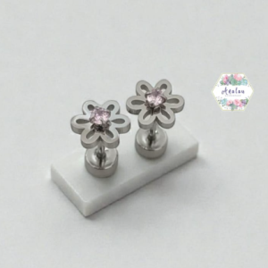 ARETE PLATA FLOR PIEDRA ROSA