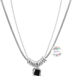 COLLAR DOBLE PLATA PIEDRA CUADRADA NEGRO