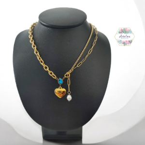 COLLAR DORADO CORAZON GOTA AZUL PERLA