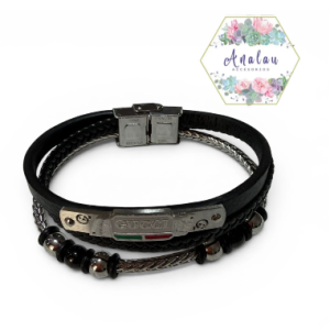 PULSERA NEGRA CON PLATA DE GUUCCII