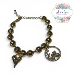 PULSERA DE BOLITAS DORADA DE CORAZON Y DIJE