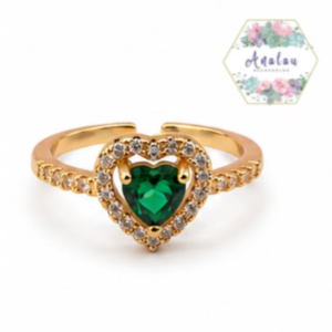 ANILLO VERDE ESMERALDA CORAZON INCRUSTACIONES