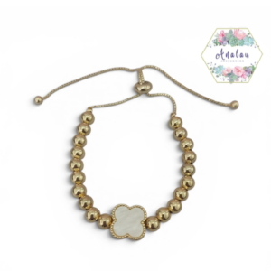 PULSERA DE TREBOL BLANCO Y PERLAS DORADAS