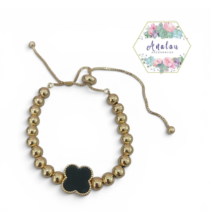 PULSERA DE TREBOL NEGRO Y PERLAS DORADAS