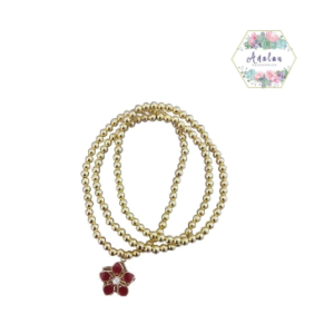 3 PULSERAS CON FLOR COLOR ROJO GIRATORIA DORADAS