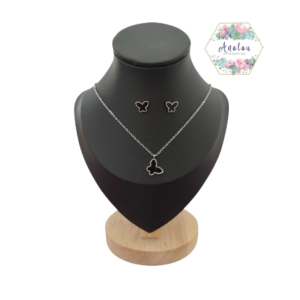 COLLAR Y ARETES DE MARIPOSA NEGRA CON PLATEADO