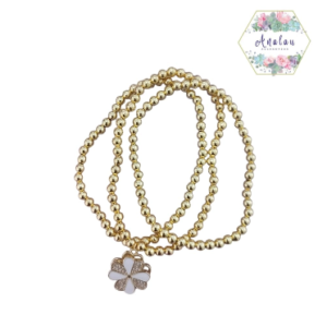 3 PULSERAS FLOR BLANCA GIRATORIA DORADAS