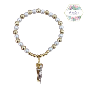 PULSERA DE BOLITAS CON DIJE DE PAREJA PLATA CON DORADO